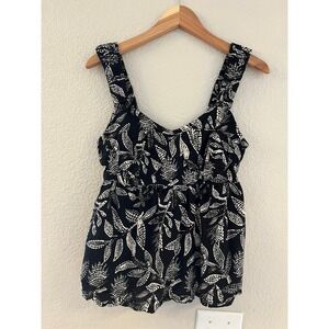 Tu Woman Black White Botanical Cotton Linen Smocked Tank Top Blouse Size 10
